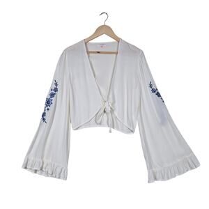 Lottie Moss Cropped Tie Top S Ivory Blue Embroidery Bell Sleeve Balletcore Fairy